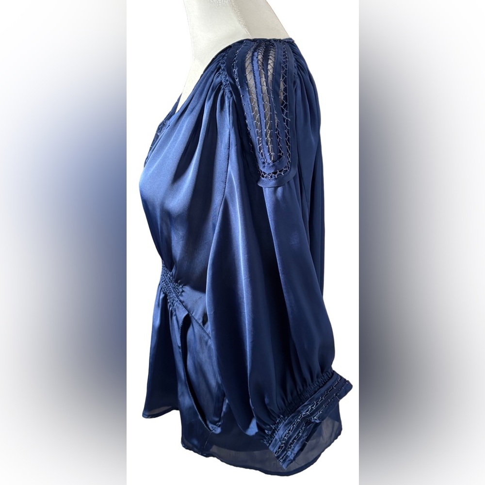 Renee C S Blue V-neck Embroidery Detail Short Sleeve Blouse - Picture 4 of 9